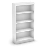 A white bookcase with three shelves displayed against a plain white background.